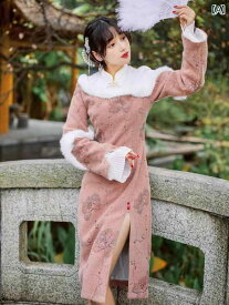 チャイナドレス 美しい 撮影 衣装 ガール ウール 厚手 チャイナ ドレス 秋冬 中国 暖かい 裏起毛 ドレス 若々しい