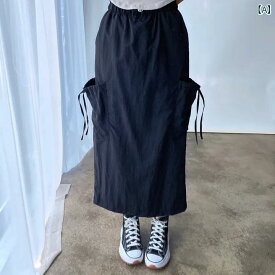 韓国 シック 秋 レトロ カジュアル シンプル 巾着 ポケット 伸縮性 ハイウエスト バックスリット ワークウェア aライン スカート