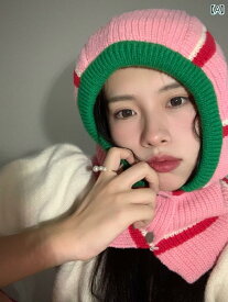 帽子 バラクラバ 女性 韓国 秋冬 ストライプ プルオーバー 暖かい ネック スカーフ 統合 耳保護 ニット ウール