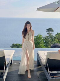 レディース タイ 旅行 写真 ビーチ ドレス 海辺 休暇 ドレス セクシー セクシー 白い サスペンダー ドレス