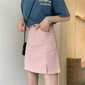 レディース ピンク 春夏 大きいサイズ スカート 韓国 スリム aライン 露出 防止 スカート スリット ショート スカート