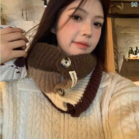 韓国 ニット ハイネック スカーフ 秋冬 レディース ウール スカーフ 対照的 カラー ステッチ 暖かい メイラード 雰囲気