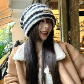 ニット帽 レディース 帽子 秋冬 韓国 ウール ストライプ ニット パイル 暖かい 保温性 大きい 頭囲 耳保護