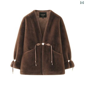 レディース ファッション 中華風 ディスク ボタン Vネック 厚手 環境に 優しい 冬 毛皮 コート