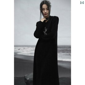 レディース 中華風 ドラゴン パターン 刺繍 ドレス 冬 婦人服 厚手 ミドル丈 スカート