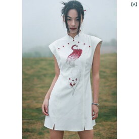 レディース ライト キツネ 刺繍 ドレス 夏 中華風 ホワイト ショート スカート