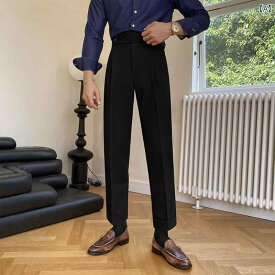 スラックス メンズ用 イタリア ハイウエスト パンツ ビジネス フォーマル カジュアル スリム ストレート パンツ メンズ 英国 レトロ ナポリ パンツ