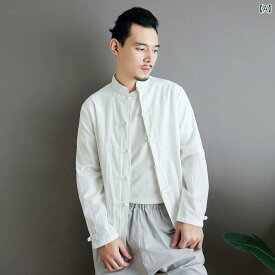 メンズ 中華風 唐装 夏 薄手 スタンドカラー ボタン トップス レトロ コットンリネン シャツ 長袖 夏