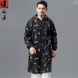 中華風 ファッション 鶴 プリント ベルベット ウインドブレーカー メンズ フード プレート バックル ミドル丈 コート 冬 厚手 メンズジャケット