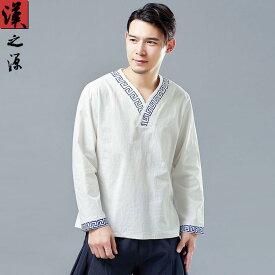 中華風 ファッション 文学 レトロ メンズ 刺繍 漢服 クロス カラー T シャツ カジュアル プルオーバーシャツ 綿 リネン メンズ トップス