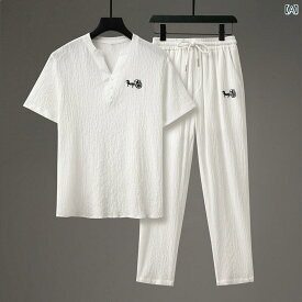 メンズ 中華風 刺繍 薄型 通気性 冷感 リネン スーツ 夏 半袖 T シャツ 綿 リネン 2点 セット