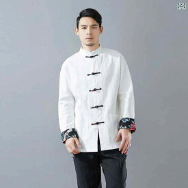 メンズ 中華風 紳士服 若々しい 麻 唐 スーツ プリント スプライシング レトロ ディスク ボタン 大きいサイズ トップス