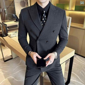 ダブルブレスト スーツ メンズスーツ ビジネス ブリ ティッシュ カジュアル フォーマルドレス 新郎 ウェディングドレス 高級感 スリーピーススーツ