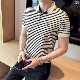 メンズ トップス ポロシャツ 刺繍 夏 ストライプ 冷感 通気性 半袖 T シャツ スリム フィット ビジネス カジュアル ポロシャツ