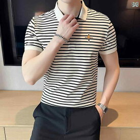 メンズ トップス 夏 ポロシャツ ストライプ 刺繍 半袖 T シャツ ポール シャツ 冷感 ライト ビジネス スリム フィット カジュアル