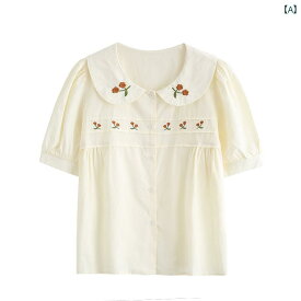 レディース ファッション 和菓子 少女 刺繍 ドール カラー 半袖 シャツ 夏 小さい パフスリーブ トップス