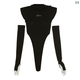 レディース ファッション クール シスター ブラック ショルダーパッド フード T シャツ 袖 ウエスト 体型 強調 ジャンプ スーツ
