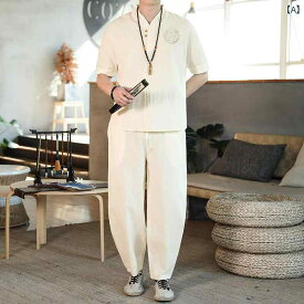 メンズ 夏 中華風 リネン スーツ ツーピース 綿 リネン T シャツ レトロ 漢服 カジュアル 大きいサイズ 唐 スーツ