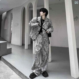 メンズ 秋 アメリカン ナショナル ファッション ストリート スノーフレーク グラフィティ ジャケット カジュアル ワイド レッグ パンツ スーツ