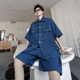 メンズ トップス カジュアル 韓国 幾何学 模様 メタル ボタン デニム 半袖 シャツ ショーツ セット 服 夏