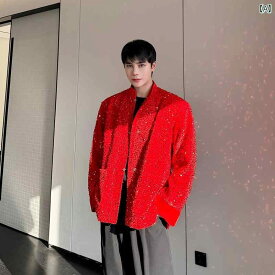 メンズ 早春 中華風 スパンコール 赤い スーツ ファッション カジュアル ジャケット スタンドカラー メタル バックル