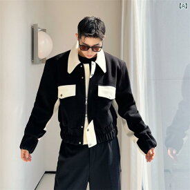 メンズ 韓国 秋冬服 黒白 ステッチ コントラスト ツイル レトロ ポケット ワークウェア ジャケット ウール コート