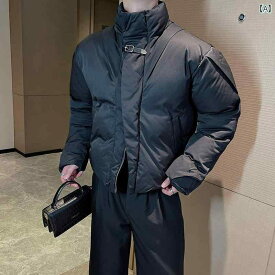 メンズ 冬 機能的 ダーク レザーバンダナ カラー ブロック スタンドカラー 暖かい ショート 綿入り ジャケット 韓国 スリムフィット ブレッド コート 綿入り ジャケット