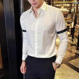 メンズ シャツ トップス 高級感 アーム ウェビング 装飾 韓国 長袖 シャツ ノー アイロン シャツ