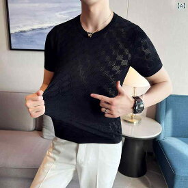 Tシャツ メンズ シンプル 夏高弾性 魅惑的 チェック柄 ニット 半袖 薄手 冷感 スリム ラウンドネック トップス