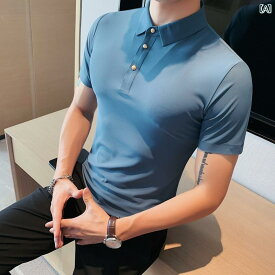 ポロシャツ メンズ 夏 薄氷 滑らか 素材 ビジネス カジュアル シームレス 粘着 半袖 スリム T シャツ 男性用