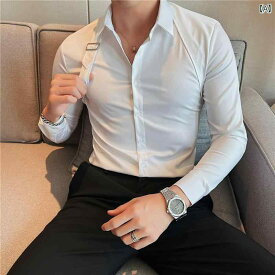 メンズ シャツ トップス スプライシング サスペンダー 長袖 シャツ 韓国 スリム ファッション シャツ