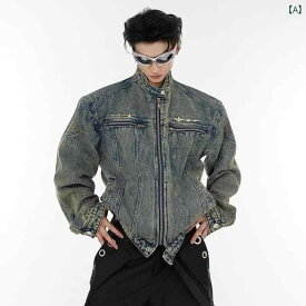 デニム ジャケット アメリカン レトロ ウォッシュ 加工 ショート アメリカ ストリート ショルダーパッド ジャケット メンズ メタル スタンダード コート