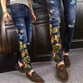 デニム パンツ ステーション 刺繍 ジーンズ メンズ スリムフィット 裾細 個性的 ストレッチ ロング パンツ