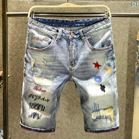 デニム ショートパンツ メンズ 夏用 薄手 リップド 刺繍 ミッド パンツ スリム 五分丈 パンツ