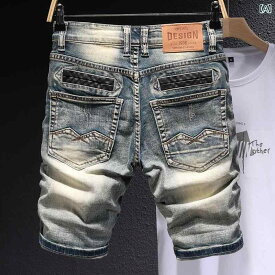 デニム ショートパンツ メンズ レトロ ダメージ 夏 薄手 韓国 弾性 スリムフィット 古風 破れた ズボン