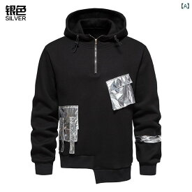 メンズ 秋 メタル ポケット ダーク フード スウェットシャツ セーター