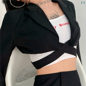 レディース ファッション 風 クールガール ダーク 喪服 風 ハイウエスト クロス ストラップ 長袖 スーツ 女性 ショート コート