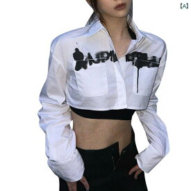 レディース ファッション カレッジ ガーリー インク レター シャツ ボタン 長袖 へそ 露出 ショート トップス 女性