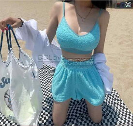 レディース 水着 プール ビーチ 海水浴 韓国 23 夏 無地 タオル 素材 キャミソール 小胸 ギャザー バケーション 女性用
