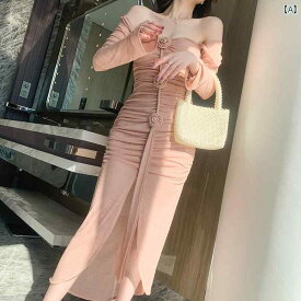 レディース ファッション キキョウ フランス ドレス 秋 女性 ピンク スリム レトロ エレガント 雰囲気 スカート