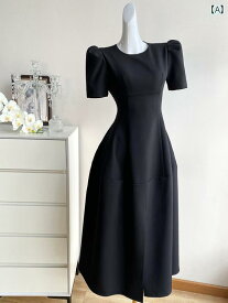 レディース ファッション 黒 レトロ ラウンドネック ドレス 女性 夏 ハイエンド フレンチ スリム スリットドレス スカート