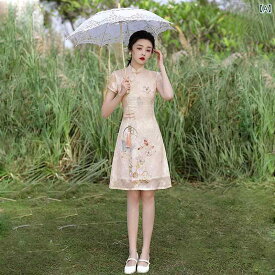 アオザイ コスプレ 民族衣装 レディース アプリコット シフォン 刺繍 チャイナ ドレス 小 若 夏 ショート スリム 中華風 ドレス