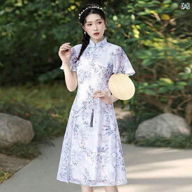 アオザイ コスプレ 民族衣装 レディース チャイナ ドレス レトロ 中国 半袖 斜め 前立て シフォンプリント ショート エレガント