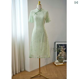 民族衣装 コスチューム レディース 美しい グリーン チャイナ ドレス 夏 小さい 上品 洗練 ガールズ ドレス 中華風 シフォン 飛行 袖
