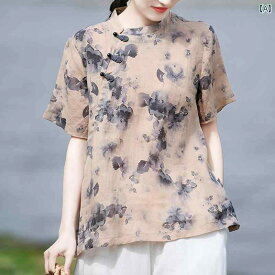 レディース トップス ラミー プリント シャツ 女性 夏 中華風 瞑想 綿 リネンシャツ ゆったり レトロ 半袖 シャツ