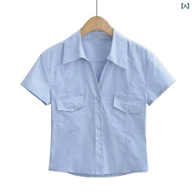 レディース ファッション アメリカン レトロ ポケット 半袖 シャツ 通勤 スリム シングルブレスト ショート T シャツ