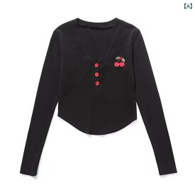 レディース ファッション 桜 刺繍 トップス 女性 初秋 ショート スリム Vネック カーブ 裾 T シャツ