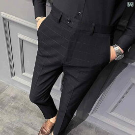 スラックス メンズ 春 スリム チェック柄 スーツ パンツ 韓国 ビジネス フォーマルスーツ パンツ ドレープ 黒 ズボン