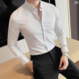 メンズ 春 薄手 千鳥格子 ブルー 長袖 シャツ ハイエンド スリムフィット 韓国 ビジネス カジュアルノー アイロン シャツ