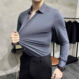 メンズ 伸縮性 高く スリムフィット 韓国 グレー ブルー シームレス テープ 長袖 シャツ ビジネス 先進 アイロン 不要 チェック柄 シャツ